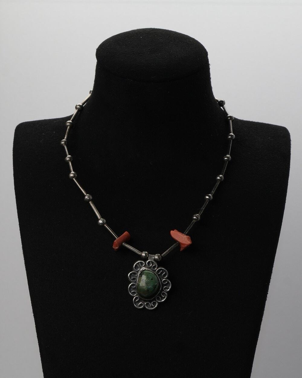 Navajo Sterling Silver Turquoise & Coral Necklace 12.4G / 15in